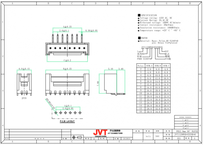 2.0mm Pitch  2-16Pin , PCB Board Connector Single Row , Nylon 66UL94V-0