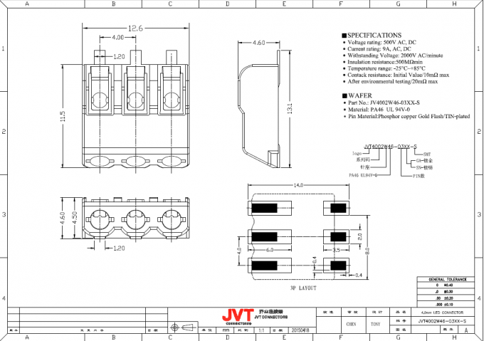 Equivalent Of Wago 1 Pole SMD LED Quick Connector 4.0mm Pitch PA46 UL94V-0 Housing