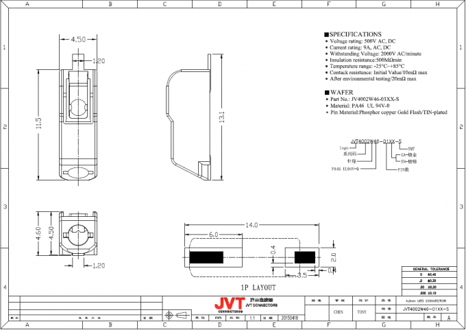 Equivalent Of Wago 1 Pole SMD LED Quick Connector 4.0mm Pitch PA46 UL94V-0 Housing