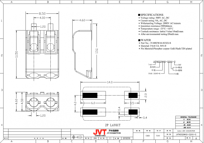 Equivalent of Wago 3 Pole SMD LED Connector 4.0mm Pitch with PA46 UL94V-0 Housing