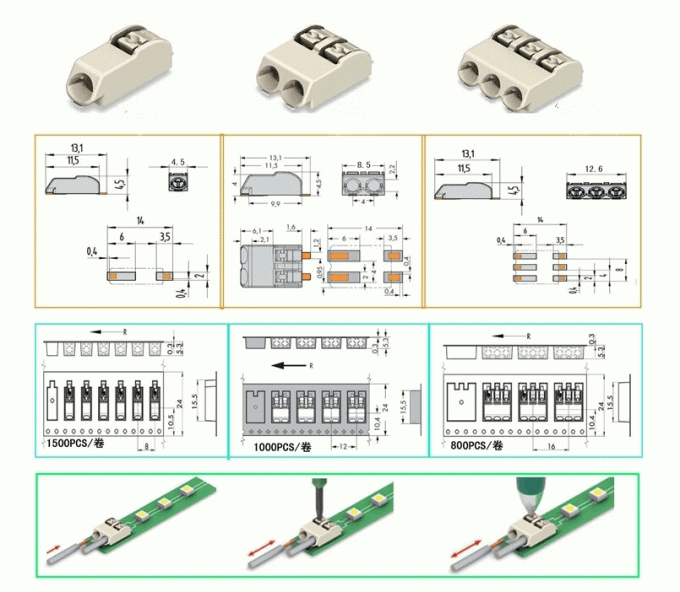 Equivalent of Wago 3 Pole SMD LED Connector 4.0mm Pitch with PA46 UL94V-0 Housing