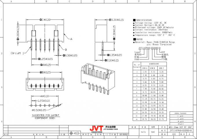 DIP Right Angle SMT Header Connector Tin Plated 1.25mm Pitch PCB PA46 Brass