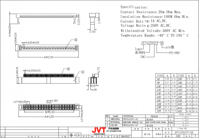 1A AC DC 6 - 80 Poles IDC Header Connector 20m Ohm Max Contact Resistance