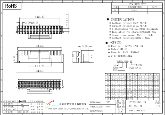 2.0mm Pitch 4 - 40Pin PCB Board To Board Connectors Dip Type AWG#22-28